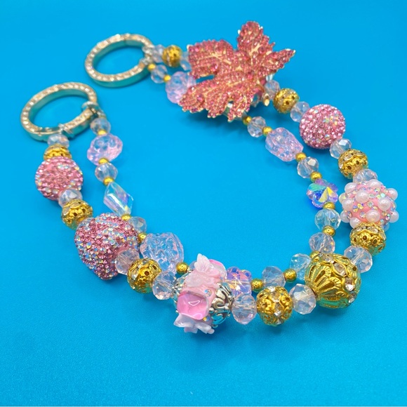 🍁Luxury Bag/Phone Chain Charm/Keychain Pink Rhinestone MAPLE LEAF Bling Beads